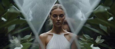 Optical illusion: surreal: garden: closeup of beautiful woman in white gown hidi...