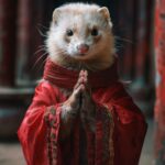 dark tones,Weasel ,Big Weasel Head, Human Body,Red Taoist Robe,The background is...