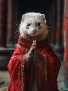 dark tones,Weasel ,Big Weasel Head, Human Body,Red Taoist Robe,The background is...