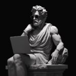 a greek statue of an aduld in black and white, thinking with sunglasses, holding...