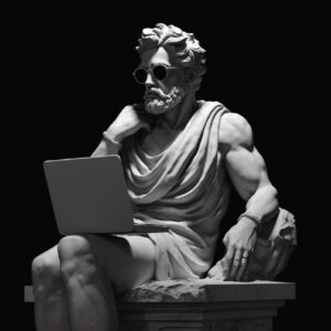 a greek statue of an aduld in black and white, thinking with sunglasses, holding...