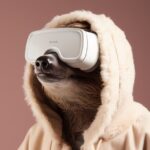 Close - up minimalist photo of sloth wearing VR headset, troubadour style, white...