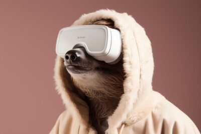 Close - up minimalist photo of sloth wearing VR headset, troubadour style, white...