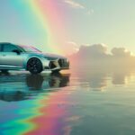 3D render of a silver Audi RS6 on an island in the middle of water, with rainbow...