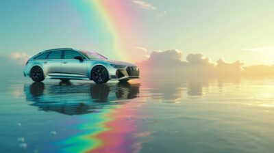 3D render of a silver Audi RS6 on an island in the middle of water, with rainbow...