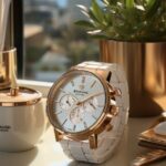 A professional photoshoot of a woman'es watch on a make up desk, white modern, a...