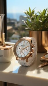 A professional photoshoot of a woman'es watch on a make up desk, white modern, a...