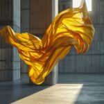 a beautiful piece of silk fabric floating in a brutalism concrete studio, high e...