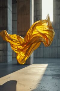 a beautiful piece of silk fabric floating in a brutalism concrete studio, high e...