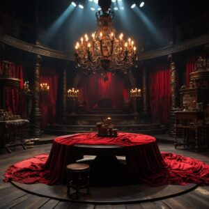 The red curtain hangs down from the stage, with a round banquet table in the mid...