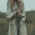 standing Bogatyr with a sword, in Pre-Raphaelite style, in the style of laura ma...