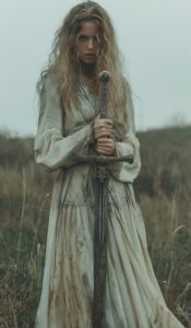 standing Bogatyr with a sword, in Pre-Raphaelite style, in the style of laura ma...