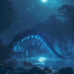 Towering rib bones of an ancient leviathan stand out from the water under the mo...
