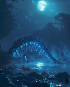 Towering rib bones of an ancient leviathan stand out from the water under the mo...