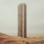 photograph of a single high rise building standing in the middle of the desert, ...