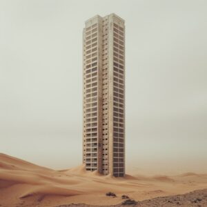 photograph of a single high rise building standing in the middle of the desert, ...