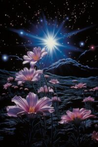 Epic flower collage, floating island, rectangular sky cutout, vibrant poster by ...