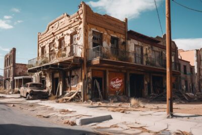 ghost las vegas town in wasteland after 100 years being abandoned, cinematic, ca...