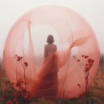 double exposure photograph of a woman floating in a giant tulle bubble, standing...