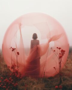 double exposure photograph of a woman floating in a giant tulle bubble, standing...