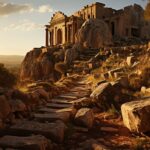 A black and white photography of ancient ruins and an archaeological site, showc...
