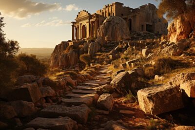 A black and white photography of ancient ruins and an archaeological site, showc...