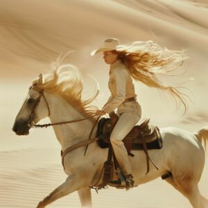 A photo of a female cowboy riding fast on her horse, with motion blur, in the we...