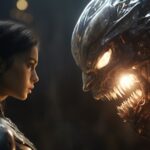 beautiful warrior woman fighting a cyborg alien, aesthetics, hyper-realistic, ph...