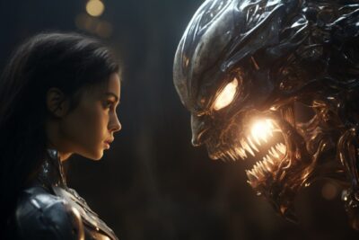 beautiful warrior woman fighting a cyborg alien, aesthetics, hyper-realistic, ph...