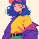 A flat illustration of an anime girl with blue hair, wearing green pants and a y...