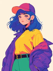 A flat illustration of an anime girl with blue hair, wearing green pants and a y...