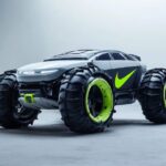 a rugged, off-road moon rover, vibrant colors, a giant Nike logo printed on the ...