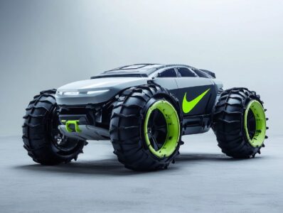 a rugged, off-road moon rover, vibrant colors, a giant Nike logo printed on the ...
