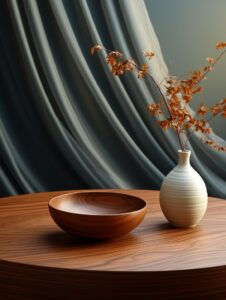 Desktop close - up, wood wooden round table for dining room furniture, in the st...