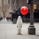 Kid with a square-shaped red balloon, ghost costume, New York street photography...