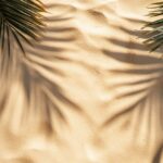 summer background of beach sand with shadows from palm leaves, top view. --ar 16...