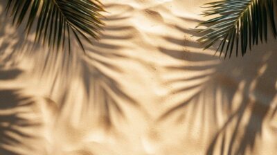 summer background of beach sand with shadows from palm leaves, top view. --ar 16...