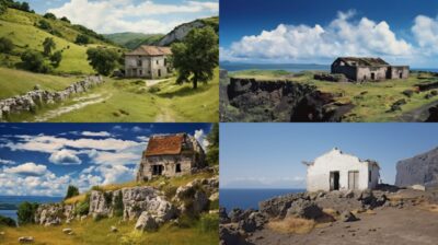 a house in the style of a caldera, wide area, photography, Gustave Courbet, --c ...