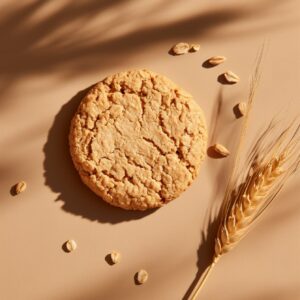 Macro photograph of Oatmeal cookie, with wheat grains and ear of wheat, captured...