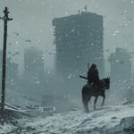 A grand and vast apocalyptic scene, with a panoramic view and heavy snowfall. Th...