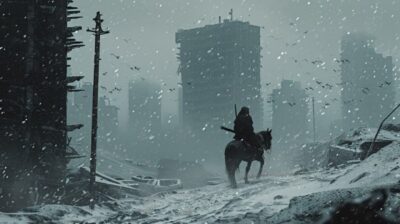 A grand and vast apocalyptic scene, with a panoramic view and heavy snowfall. Th...