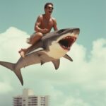  Poster for next Trash movie?a man riding shark flying high over the beach, 1990...