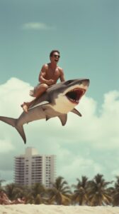 Poster for next Trash movie?a man riding shark flying high over the beach, 1990...