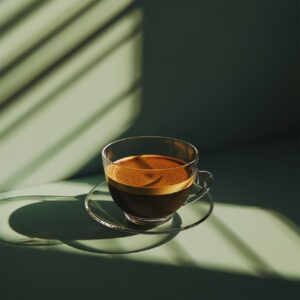 generate a photorealistic image of a cup of coffee in a transparent cup on a aes...