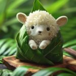A lamb shaped zongzi, forest table, made of glutinous rice, cute expression, the...