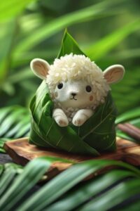 A lamb shaped zongzi, forest table, made of glutinous rice, cute expression, the...