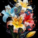 pastel color lily flowers, black outline, gray background with yellow red and bl...