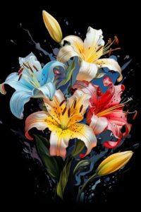pastel color lily flowers, black outline, gray background with yellow red and bl...