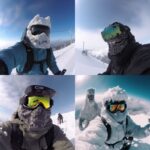 Godzilla riding a snowboard on Mount Fuji, powder snow, GoPro selfie --v 5by Dig...