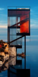 A transparent house on a cliff overlooking the water, has an extra large window ...